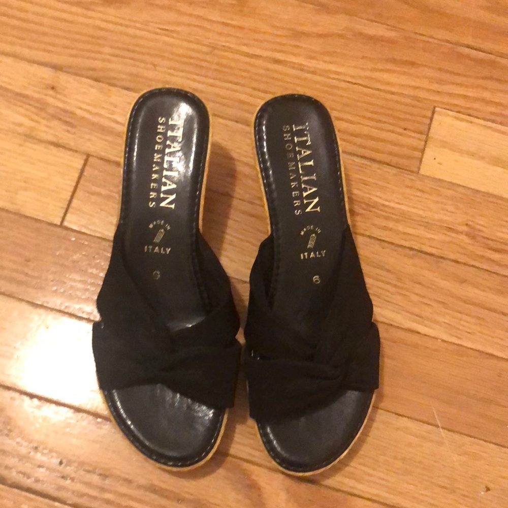 Black cork and fabric wedge sandal size 6